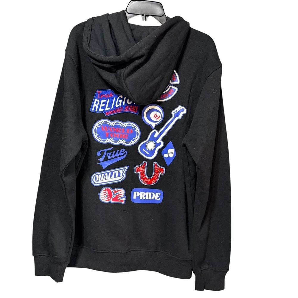 True Religion Mens Black Graphic Patch Full Zip Hoodie Sweatshirt XL World Tour